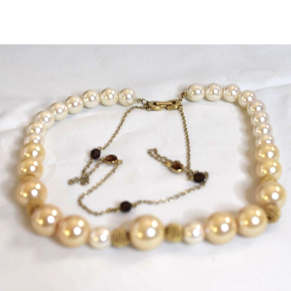 Layered Graduated White/Gold Faux Pearl Gold Tone Rhinestone Link 18" Necklace
